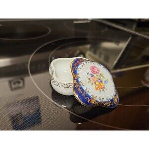 Hand Painted Porcelain Cobalt Blue German Floral Trinket Box Gold Detail
